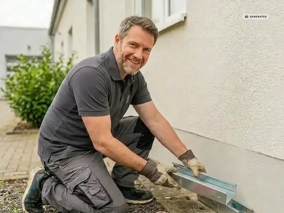 KI-generiertes Bild: Kammerjäger kontrolliert eine Köderstation an einer Hauswand